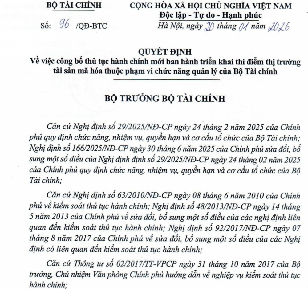 Bộ Tài chính công bố thủ tục hành chính thí điểm trong lĩnh vực tài sản mã hóa