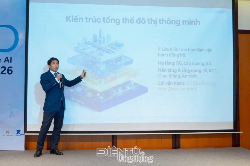 Ông Nguyễn Tuấn Huy phân tích kiến trúc tổng thể của đô thị thông minh gồm bốn lớp vận hành đồng bộ, trong đó dữ liệu giữ vai trò trung tâm cốt lõi của toàn hệ thống