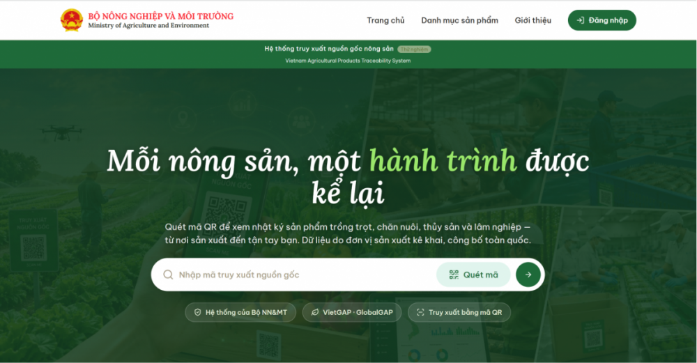 Giao diện Hệ thống truy xuất nguồn gốc nông sản Việt Nam.