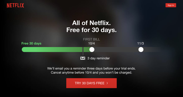 Netflix cho phép sử dụng thử 30 ngày trước khi người dùng quyết định trả phí