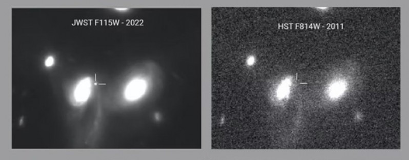 Siêu tân tinh sáng cực đại (đốm nhỏ ở giữa) trong ảnh chụp bên trái của kính James Webb, nhưng không xuất hiện trong quan sát cũ từ năm 2011 của kính Hubble.