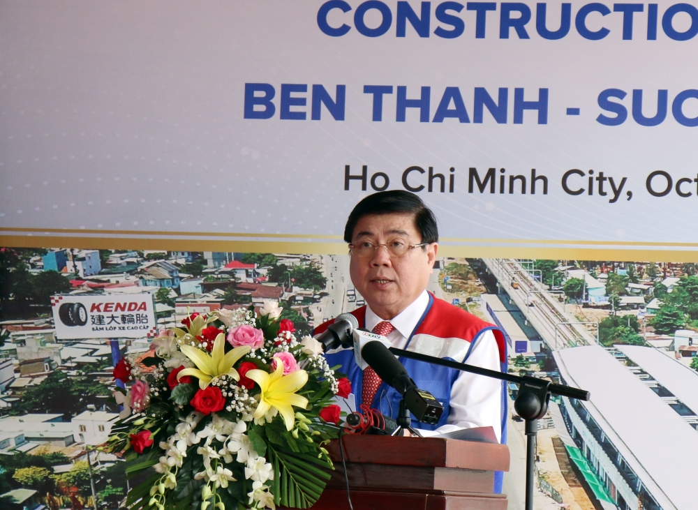 Chủ tịch UBND TP HCM phát biểu tại buổi lễ chào đón đoàn tàu đầu tiên phục vụ dự án Metro số 1 tuyến Bến Thành - Suối Tiên