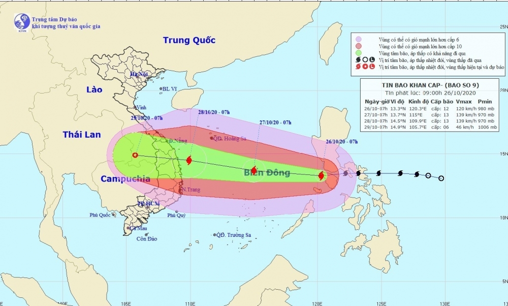 Bản đồ dự báo hướng di chuyển của bão số 9 trên khu vực Biển Đông