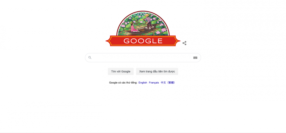 Hình ảnh giao diện trang chủ của Google với biểu trưng được hiển thị ảnh Hoa sen - Quốc hoa của Việt Nam.