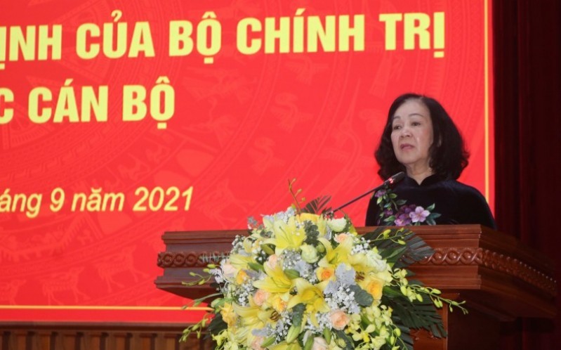 Trưởng Ban Tổ chức Trung ương Trương Thị Mai phát biểu giao nhiệm vụ đối với tân Bí thư Tỉnh uỷ Cao Bằng Trần Hồng Minh