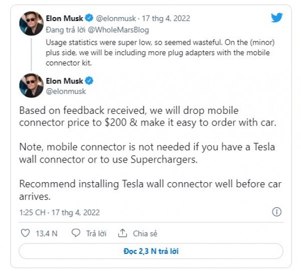 Tesla ngừng cung cấp Bộ kết nối di động miễn phí