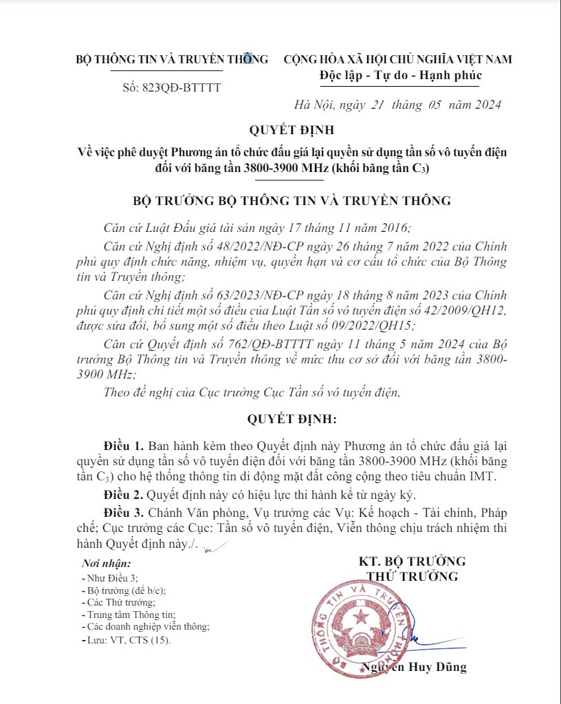 Thông báo Phương án tổ chức đấu giá lại quyền sử dụng tần số vô tuyến điện đối với băng tần 3800-3900 MHz 