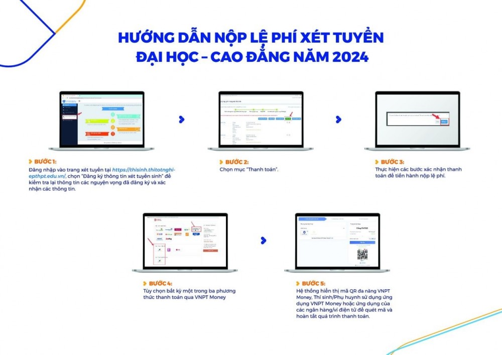 Để đồng hành cùng thí sinh và phụ huynh trên cả nước trong mùa tuyển sinh đại học – cao đẳng 2024 được thuận tiện, VNPT Money đang cung cấp hình thức nộp lệ phí Đại học – Cao đẳng (ĐH-CĐ) nhanh chóng và thuận tiện bằng mã QR đa năng ngay trên website của Bộ Giáo dục và Đào tạo hoặc trực tiếp trên ứng dụng.