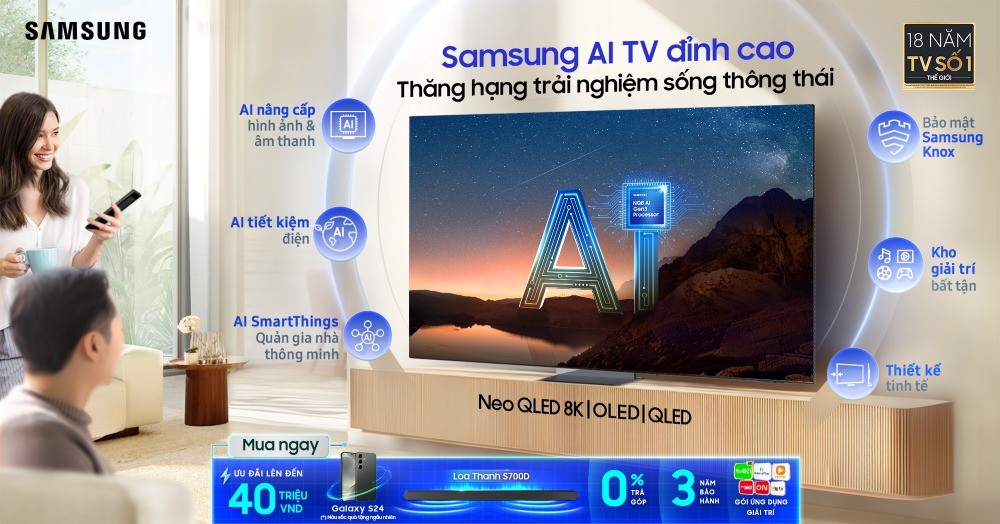 Sau khi đánh dấu 18 năm liên tiếp giữ vững vị thế số 1 thị trường TV toàn cầu vào năm 2023 vừa qua, thì tại Việt Nam Samsung tiếp tục duy trì vị thế dẫn đầu thị trường TV trong nước 10 năm liên tiếp với 46,3% thị phần vào năm 2023. Để duy trì vị thế của mình, mới đây Samsung đã ra mắt dòng TV Samsung AI đầu tiên.