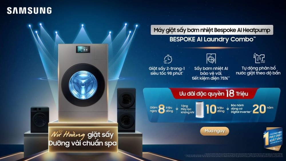 Đây là model máy giặt sấy được trang bị công nghệ Samsung Bespoke AI Heatpump, có tích hợp sấy bơm nhiệt Heatpump đầu tiên tại Việt Nam giúp bảo vệ sợi vải tối ưu, khả năng giặt sấy siêu tốc chỉ 98 phút cùng nhiều tính năng AI giúp nâng tầm trải nghiệm người dùng.
