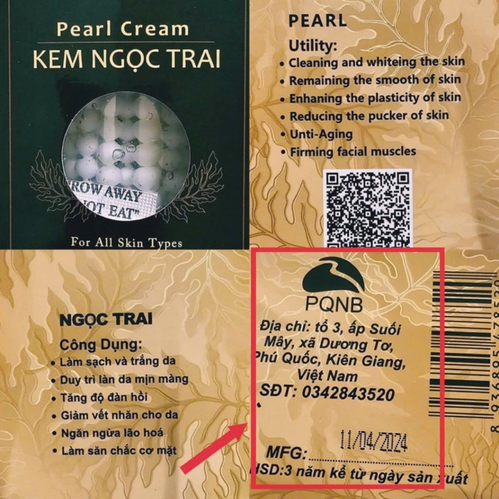 Nhãn sản phẩm Kem ngọc trai (Pearl Cream) không thể hiện thành phần, lô sản xuất, thương nhân chịu trách nhiệm hàng hóa... cũng như xuất xứ của sản phẩm.