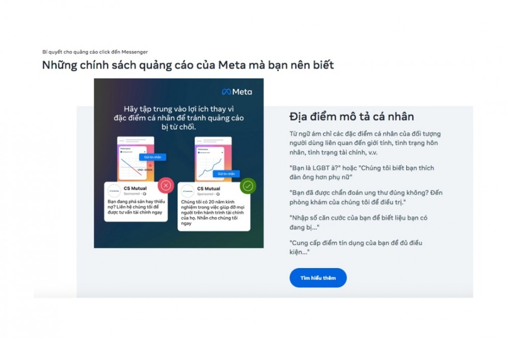 * Tìm hiểu thêm về các chính sách quảng cáo của Meta và giải quyết các vấn đề liên quan đến việc từ chối quảng cáo tại đây.