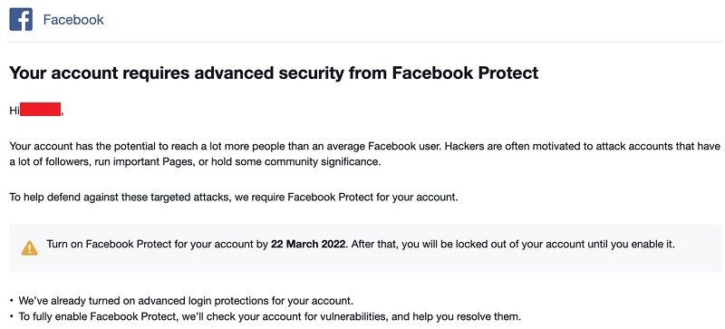 Yêu cầu bảo mật nâng cao từ Facebook Protect