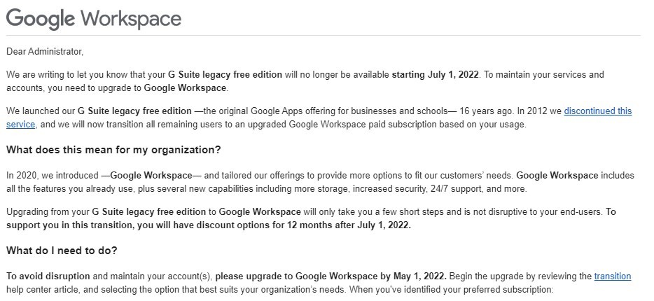 Email thông báo nâng cấp Google Workspace tới quản trị viên