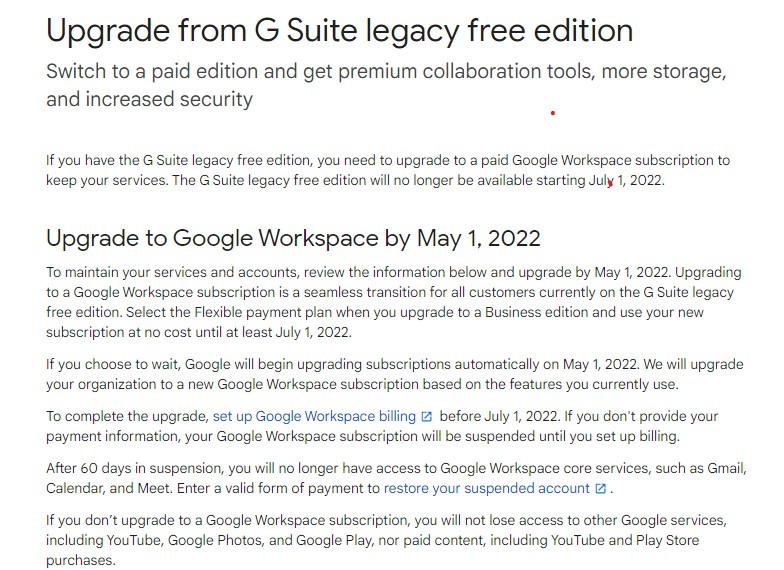 Thông báo nâng cấp Google Suite lên Google Workspace