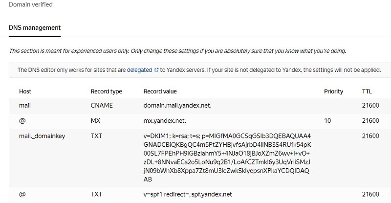 Đã xác thực domain với Yandex Mail